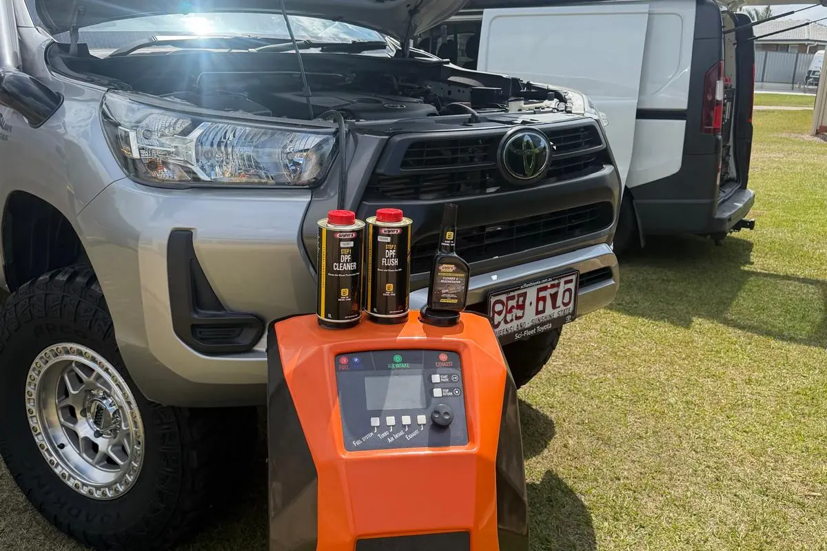 Mobile on-vehicle DPF cleaning on a Toyota HiLux in Brisbane — Clean Flow DPF using Wynn's MultiSERVE equipment